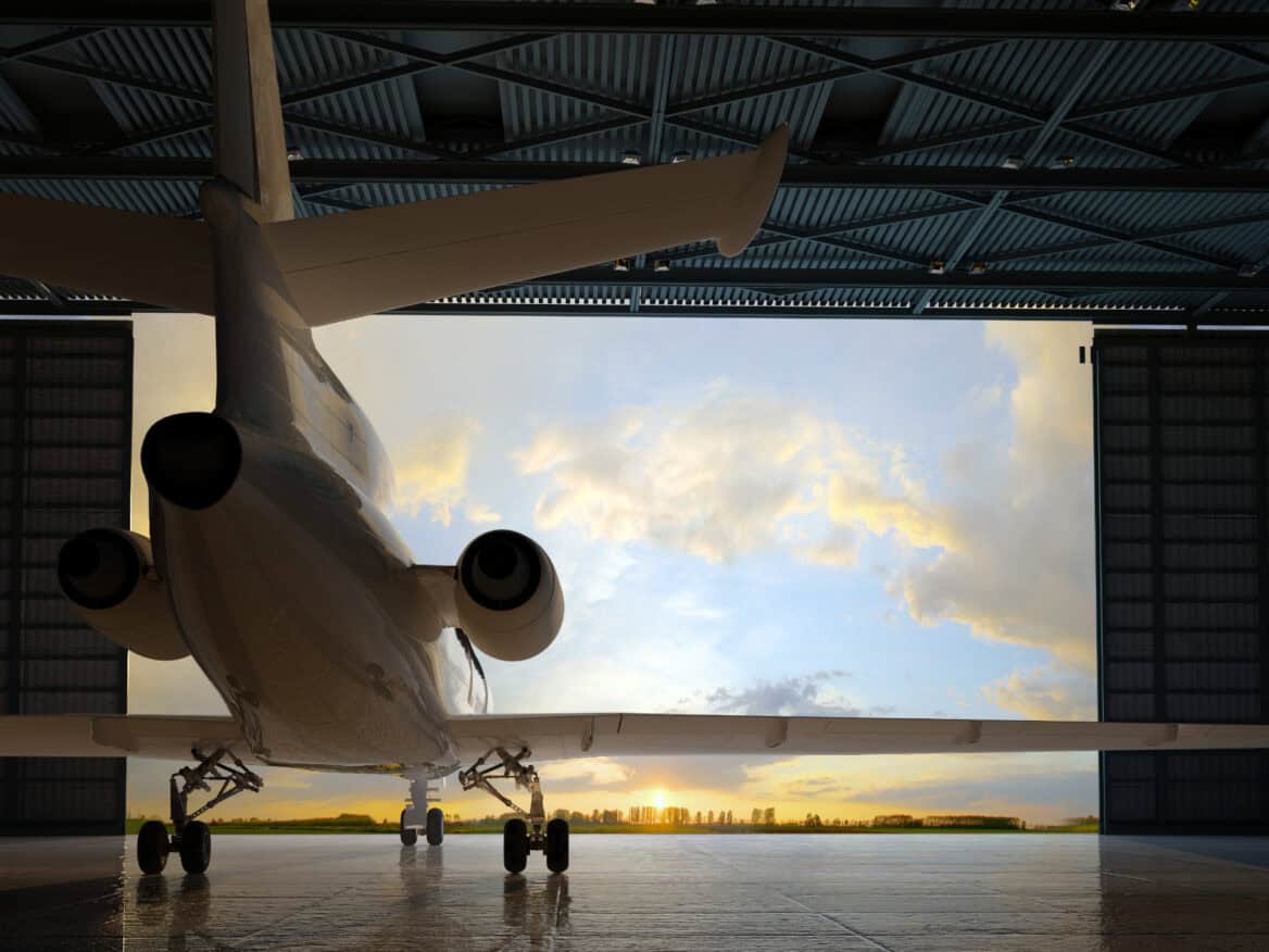 small private jet about to leave the hangar